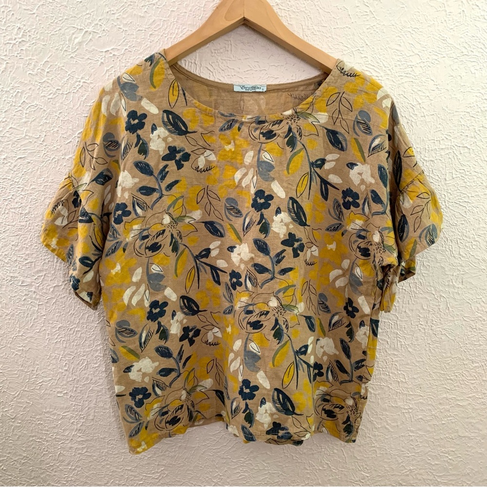 100% Linen boxy floral blouse Mustard color Elena Baldi
